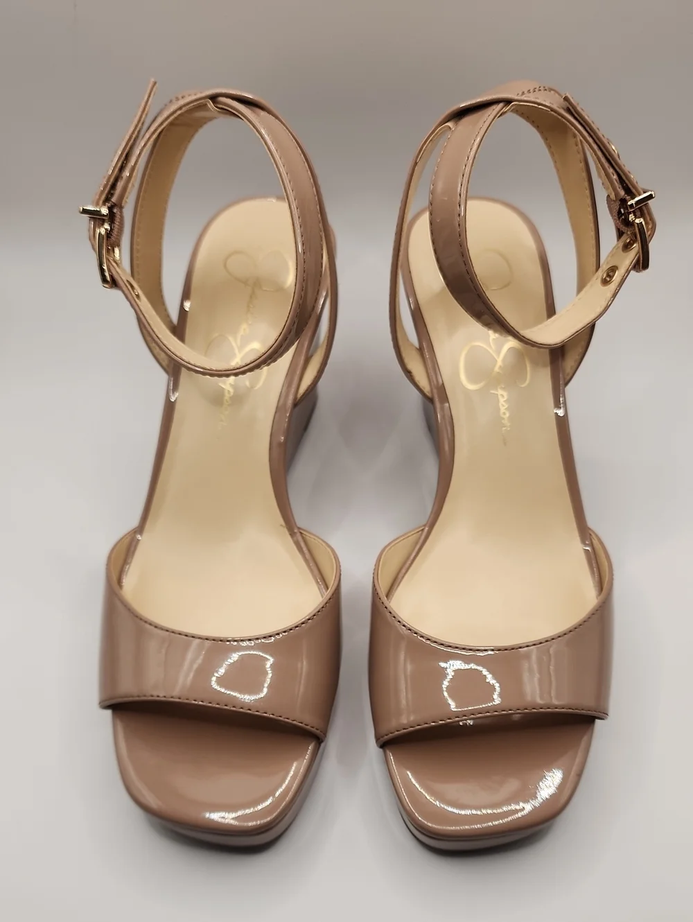 Jessica Simpson Nude Patent Wedge Ankle Strap Sandals